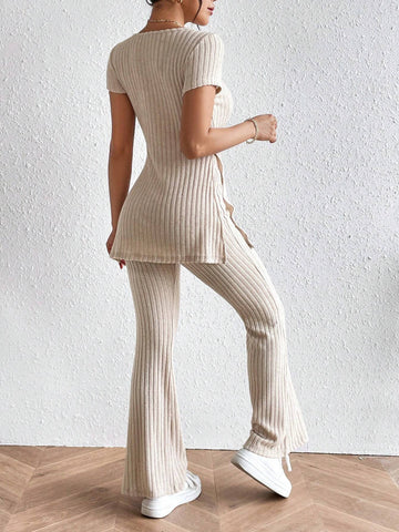 Split Hem Tee & Flare Leg Pants