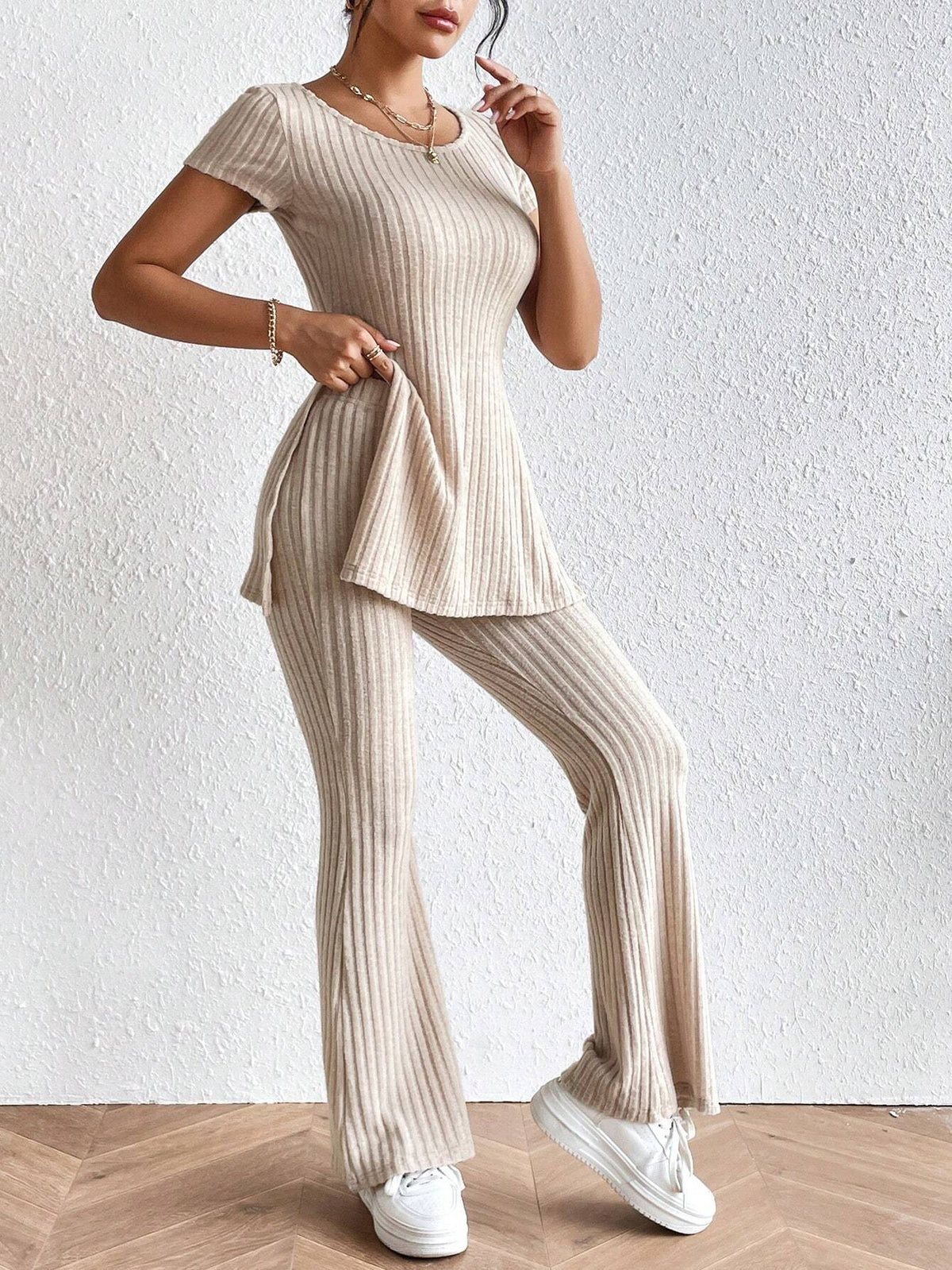 Split Hem Tee & Flare Leg Pants