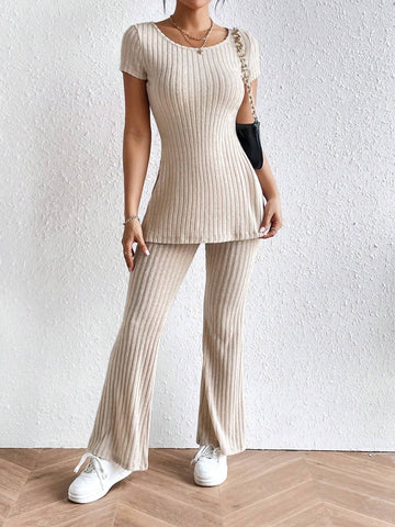 Split Hem Tee & Flare Leg Pants