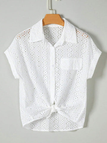 Eyelet Embroidery Batwing Sleeve Shirt
