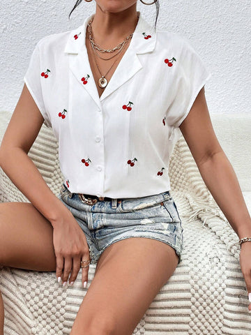 Cherry Print Batwing Sleeve Shirt