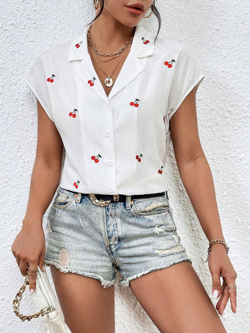 Cherry Print Batwing Sleeve Shirt
