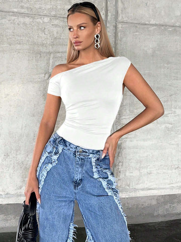 SXY Asymmetrical Neck Ruched Tee