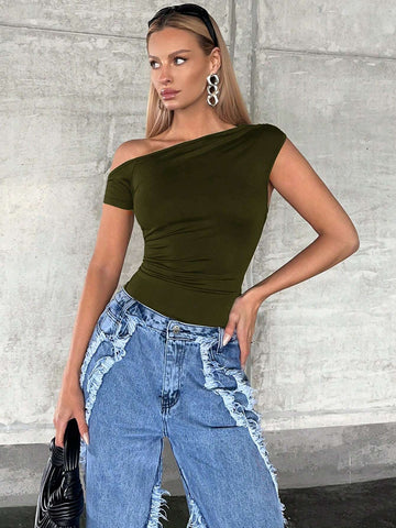 SXY Asymmetrical Neck Ruched Tee