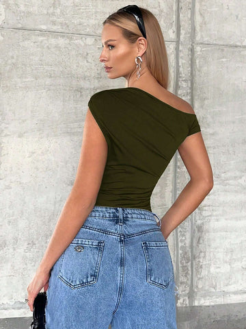 SXY Asymmetrical Neck Ruched Tee