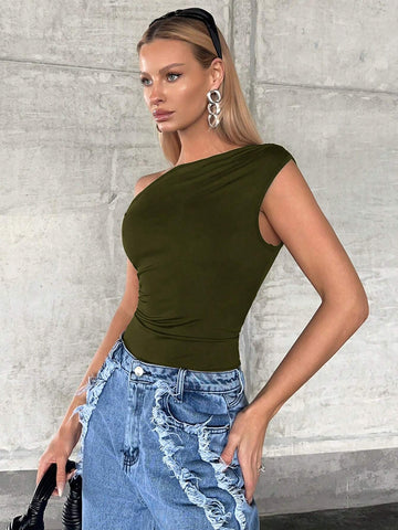 SXY Asymmetrical Neck Ruched Tee