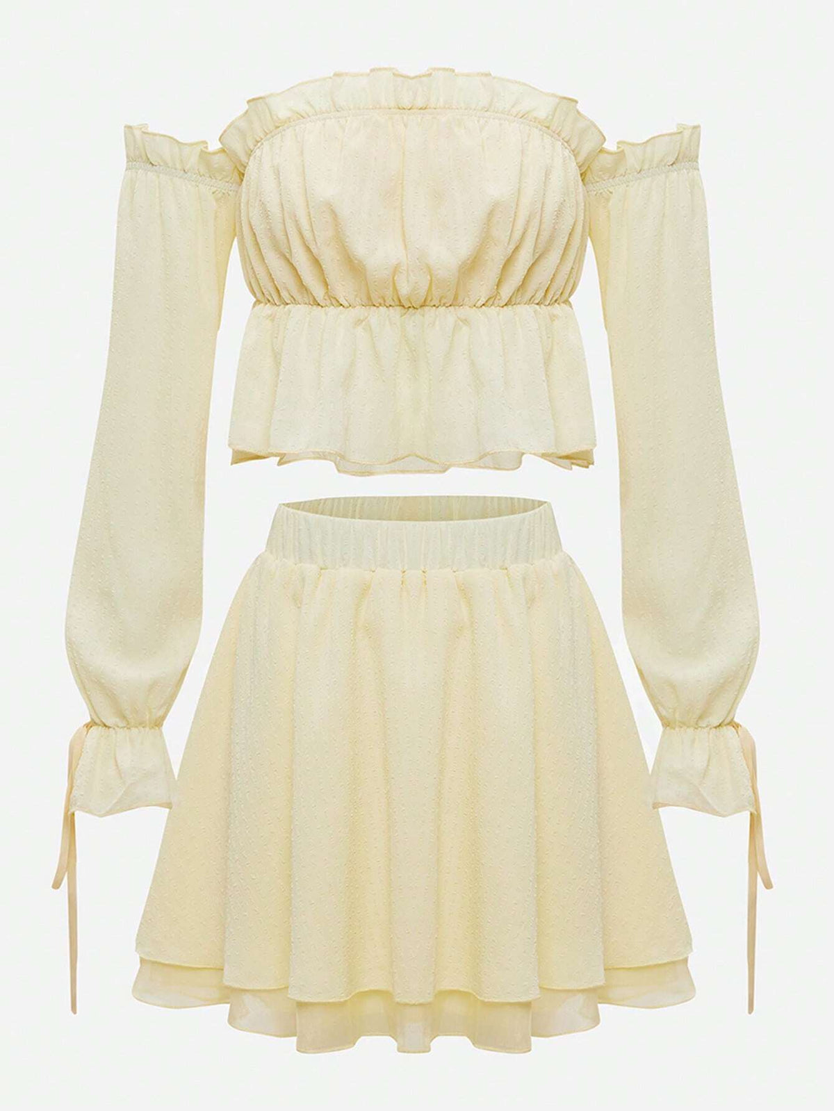 Off Shoulder Frill Trim Flare Sleeve Top & Skirt