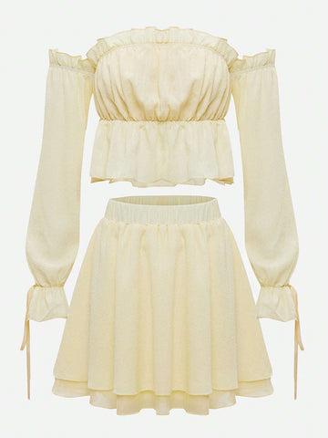 Off Shoulder Frill Trim Flare Sleeve Top & Skirt