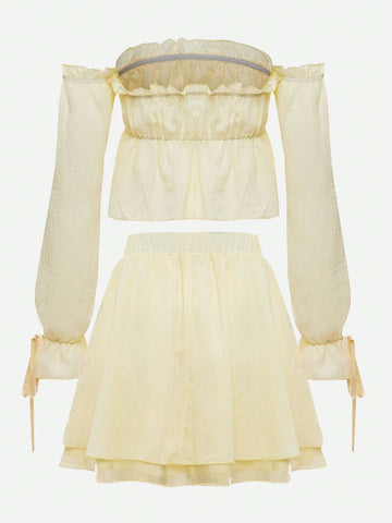 Off Shoulder Frill Trim Flare Sleeve Top & Skirt