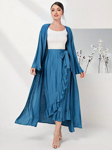 Solid Flounce Sleeve Coat & Ruffle Trim Knot Side Skirt Without Cami Top