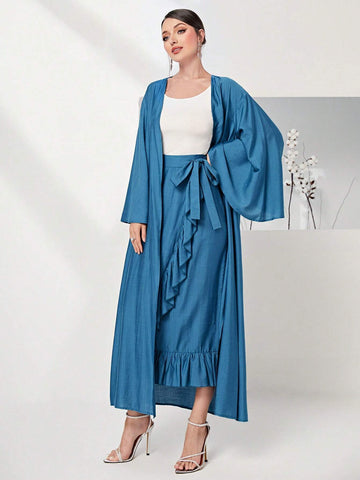 Solid Flounce Sleeve Coat & Ruffle Trim Knot Side Skirt Without Cami Top