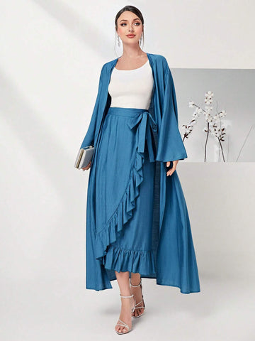 Solid Flounce Sleeve Coat & Ruffle Trim Knot Side Skirt Without Cami Top