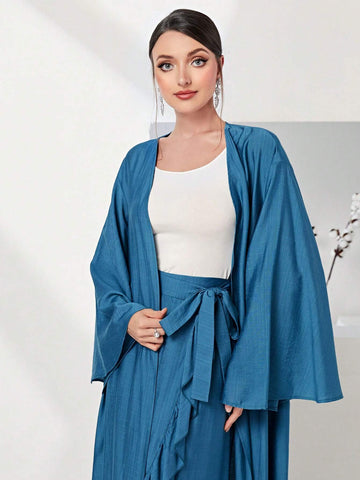 Solid Flounce Sleeve Coat & Ruffle Trim Knot Side Skirt Without Cami Top