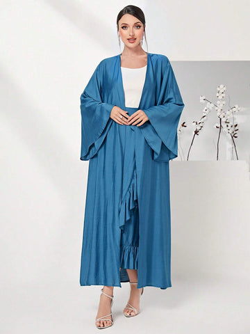 Solid Flounce Sleeve Coat & Ruffle Trim Knot Side Skirt Without Cami Top