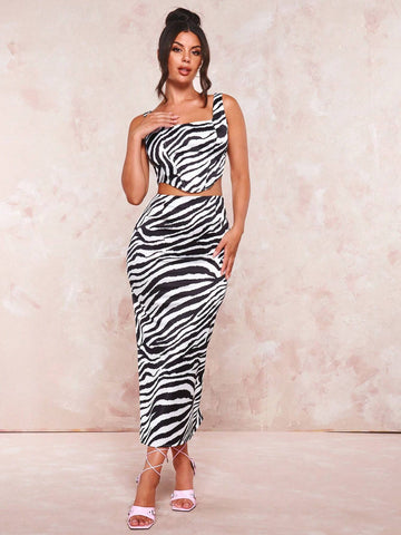 Zebra Striped Crop Tank Top & Pencil Skirt