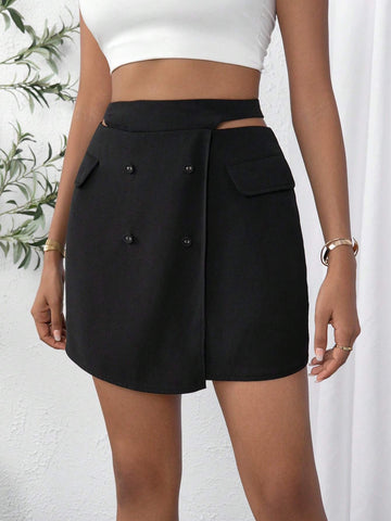 Solid Cut Out Waist Double Button Skirt