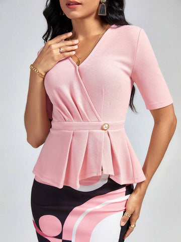 Solid Button Front Peplum Tee