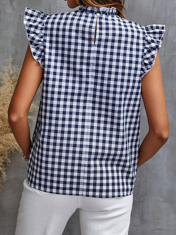 Gingham Print Ruffle Trim Mock Neck Blouse