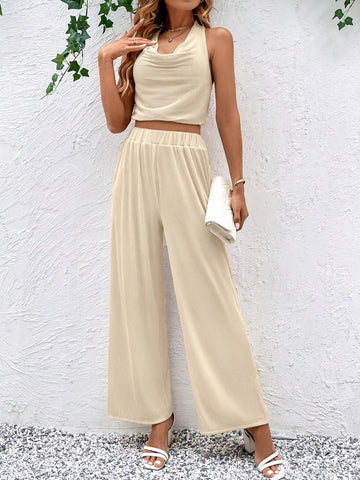 Solid Crop Halter Top & Wide Leg Pants