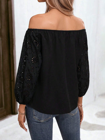 Off Shoulder Eyelet Embroidery Lantern Sleeve Blouse