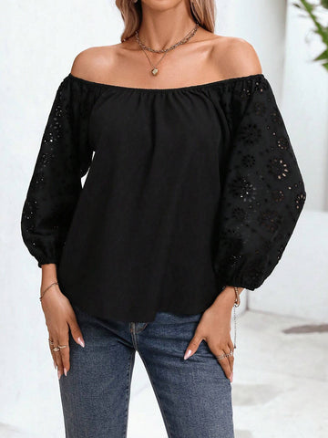 Off Shoulder Eyelet Embroidery Lantern Sleeve Blouse