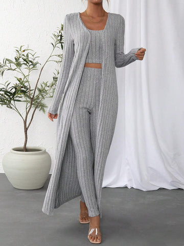 Solid Crop Tank Top & Leggings & Open Front Coat
