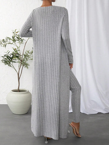 Solid Crop Tank Top & Leggings & Open Front Coat
