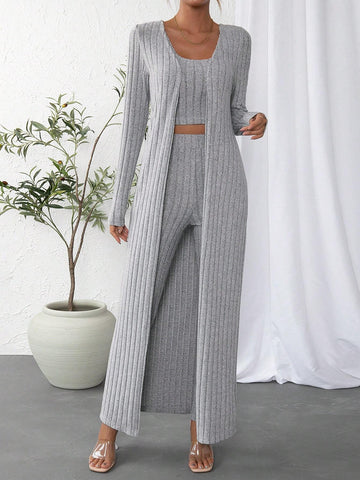 Solid Crop Tank Top & Leggings & Open Front Coat