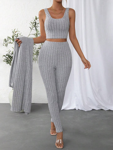 Solid Crop Tank Top & Leggings & Open Front Coat