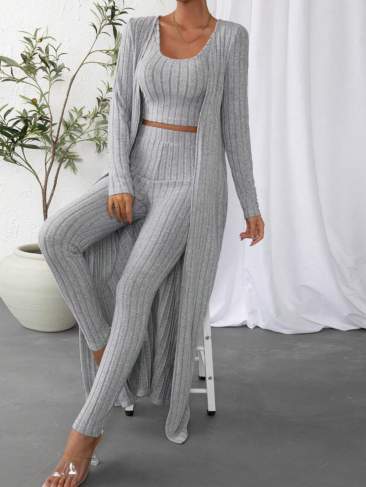 Solid Crop Tank Top & Leggings & Open Front Coat