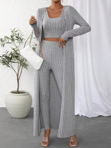 Solid Crop Tank Top & Leggings & Open Front Coat