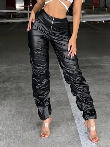 SXY Zip Fly Ruched PU Leather Stacked Pants