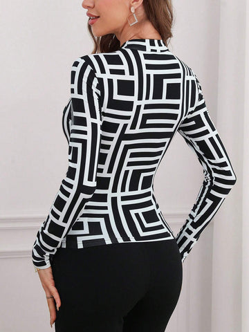 Geo Print Mock Neck Tee