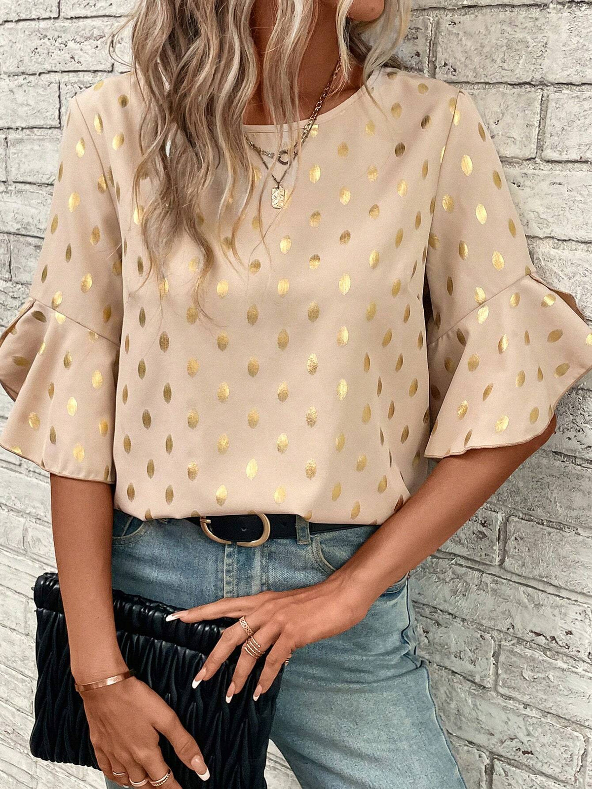 Gold Dot Print Flare Sleeve Blouse