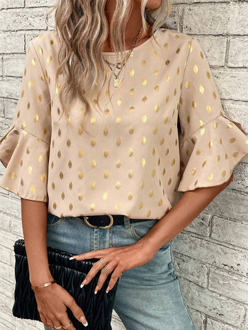 Gold Dot Print Flare Sleeve Blouse