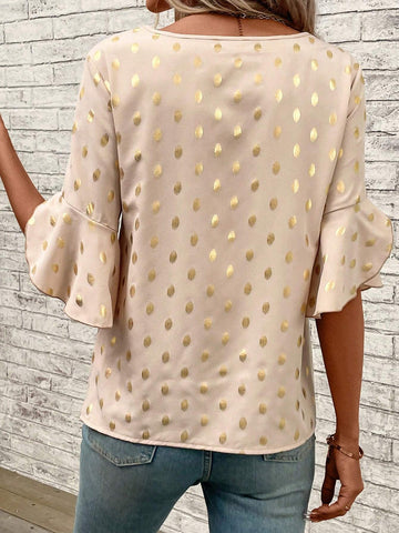 Gold Dot Print Flare Sleeve Blouse
