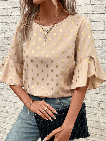 Gold Dot Print Flare Sleeve Blouse