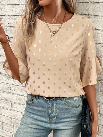 Gold Dot Print Flare Sleeve Blouse