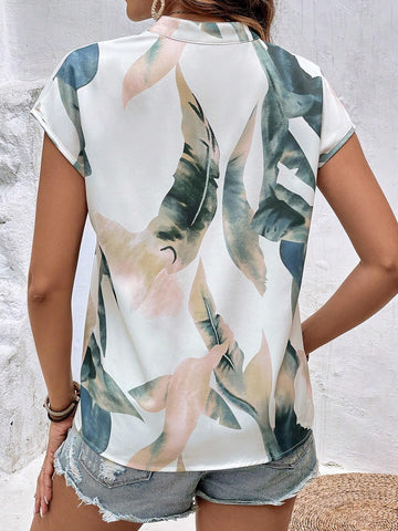 Graphic Print Notched Neck Batwing Sleeve Blouse