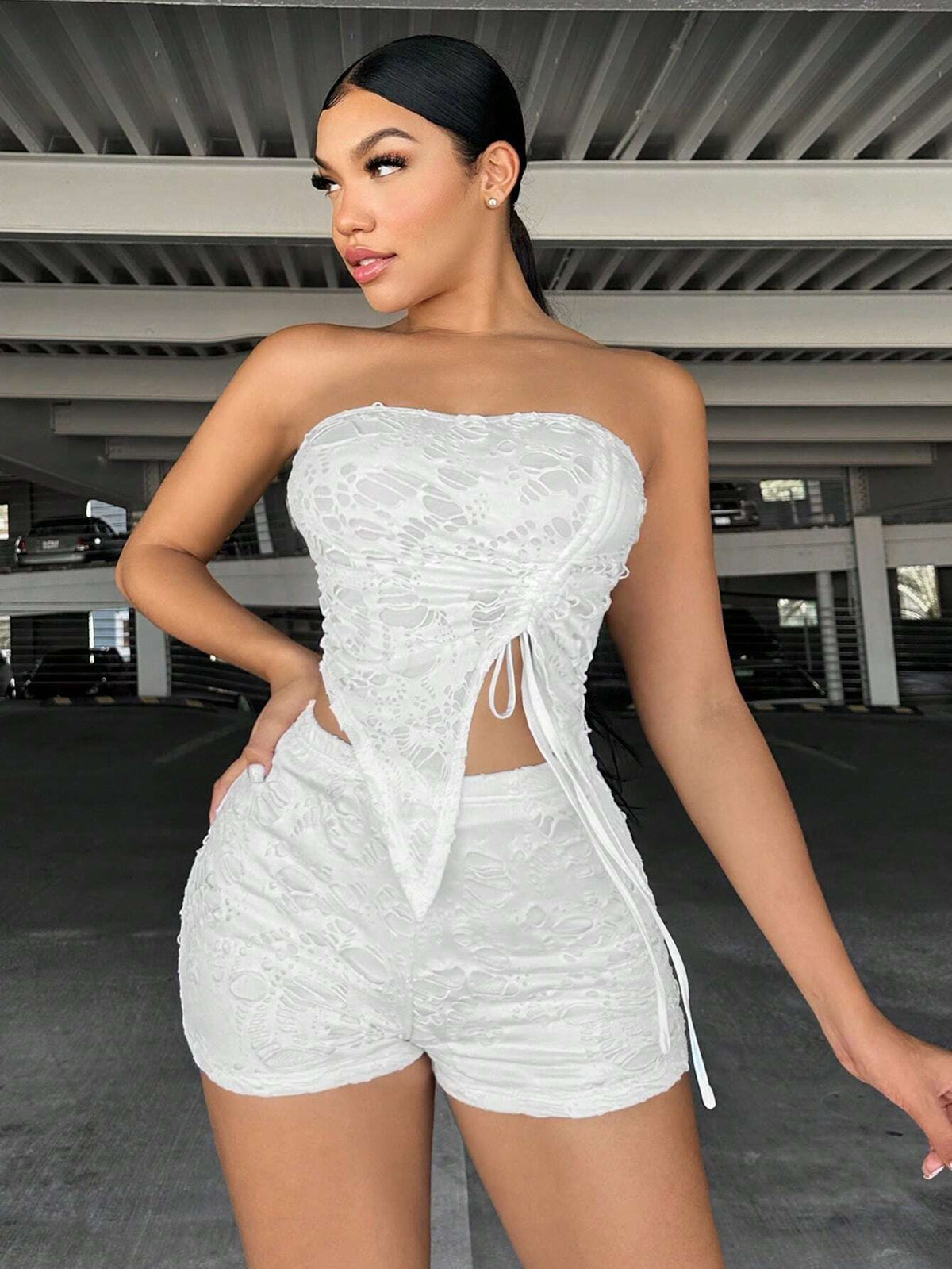 Drawstring Bandana Hem Tube Top & Shorts