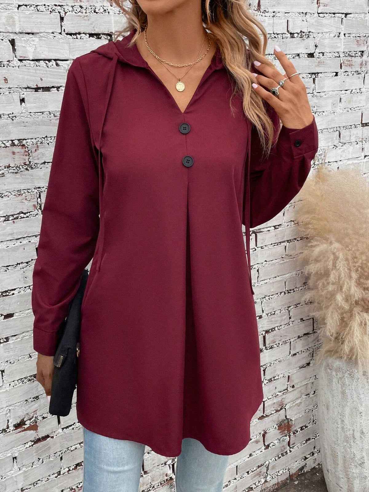 Solid Button Front Drawstring Hooded Blouse