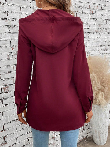 Solid Button Front Drawstring Hooded Blouse