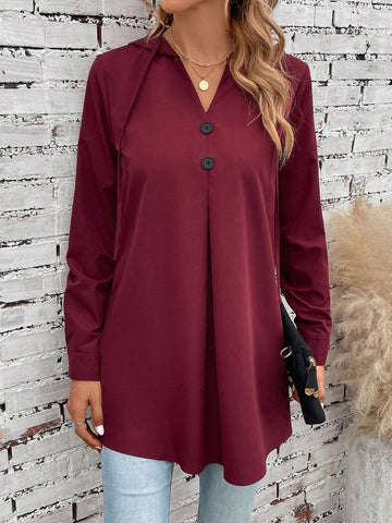Solid Button Front Drawstring Hooded Blouse
