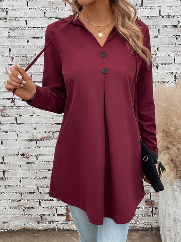 Solid Button Front Drawstring Hooded Blouse