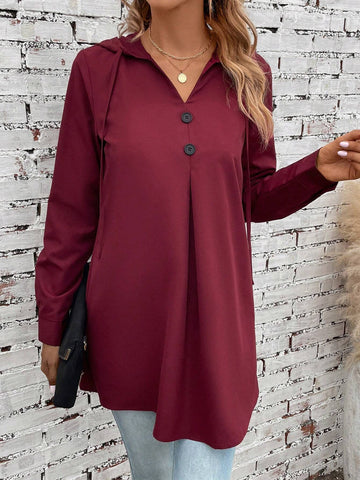 Solid Button Front Drawstring Hooded Blouse