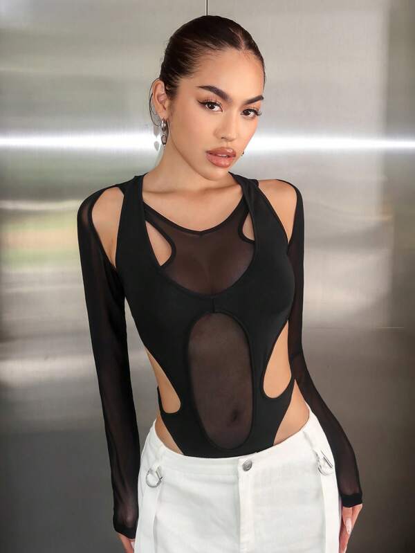 Solid Cut Out Mesh Bodysuit