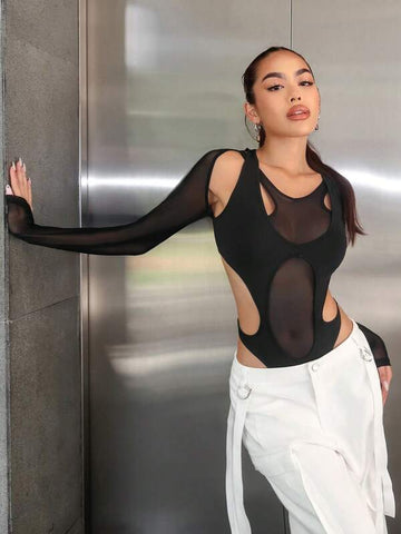 Solid Cut Out Mesh Bodysuit