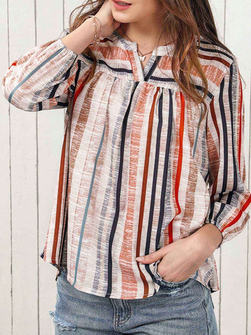 Striped Notched Neck Babydoll Blouse
