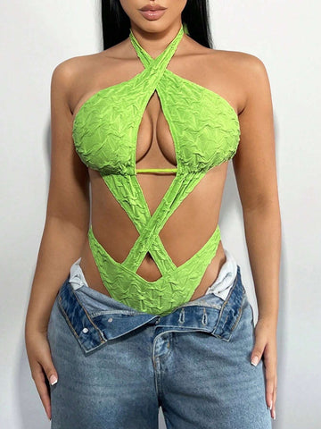 Crisscross Cut Out Tie Backless Halter Bodysuit