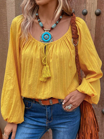 Tassel Tie Lantern Sleeve Blouse